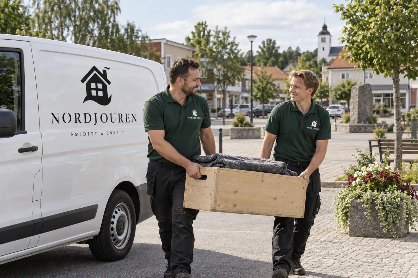 Illustration: Nordjourens bil och personal i Österbymo, torget i österbymo