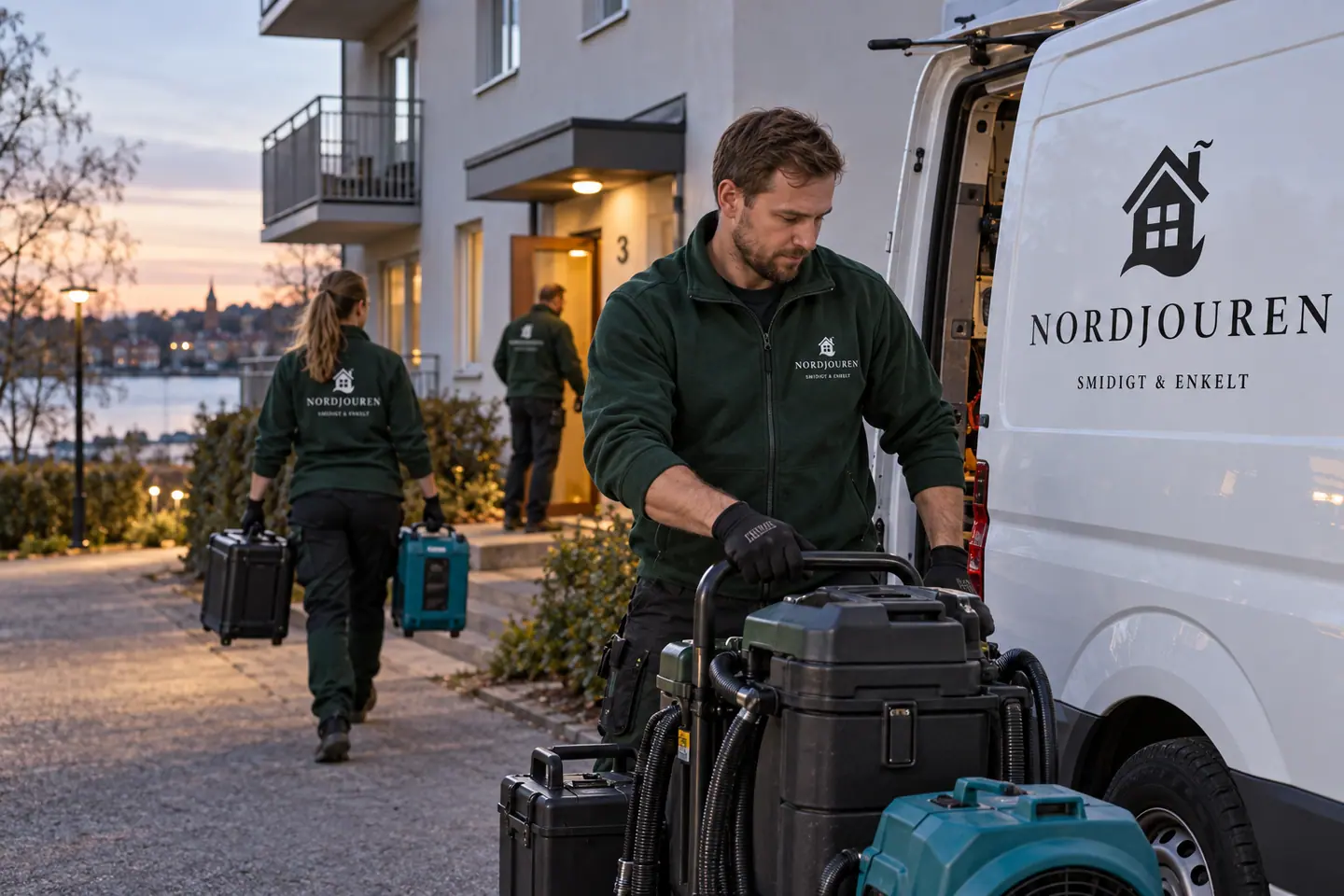 Akut saneringsjour med Nordjourens märkta arbetskläder och servicebil