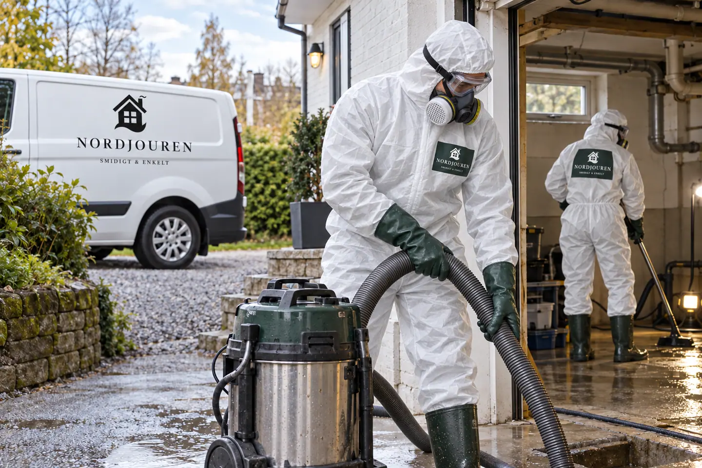 Avföringssanering med Nordjourens märkta arbetskläder och servicebil