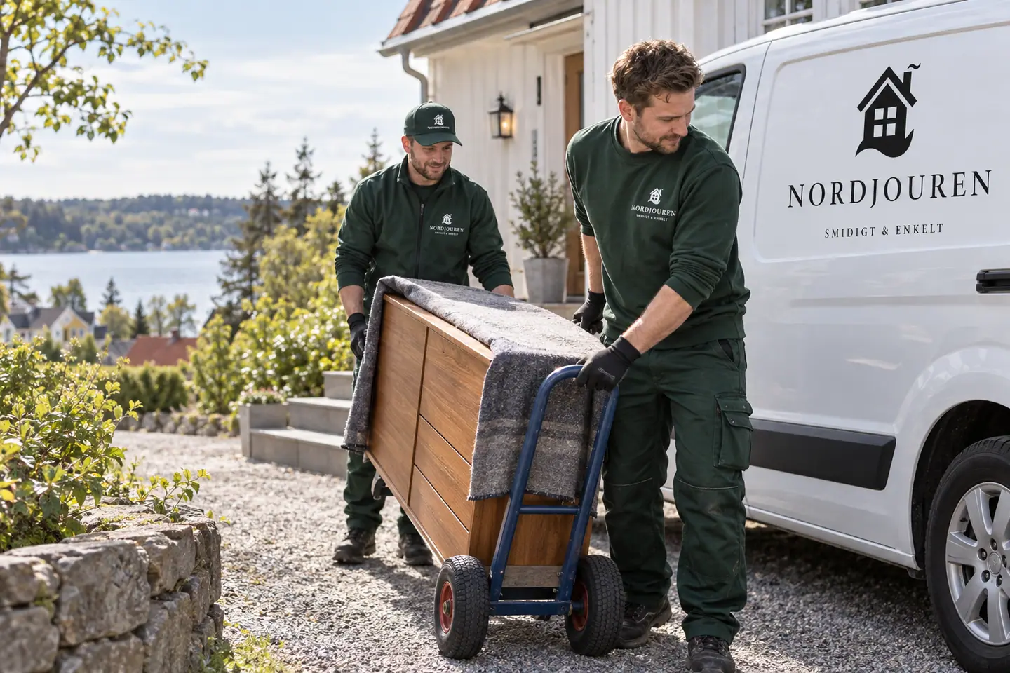 Bortforsling med Nordjourens märkta arbetskläder och servicebil – illustration
