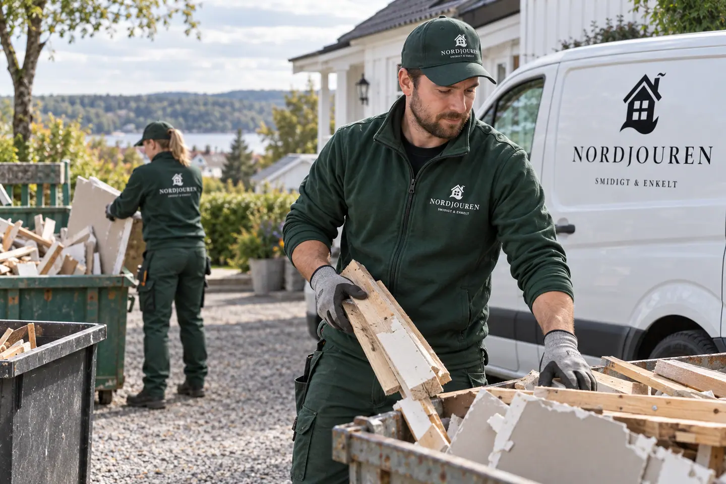 Byggavfall med Nordjourens märkta arbetskläder och servicebil