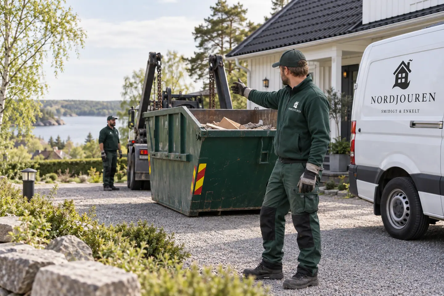 Containeruthyrning med Nordjourens märkta arbetskläder och servicebil