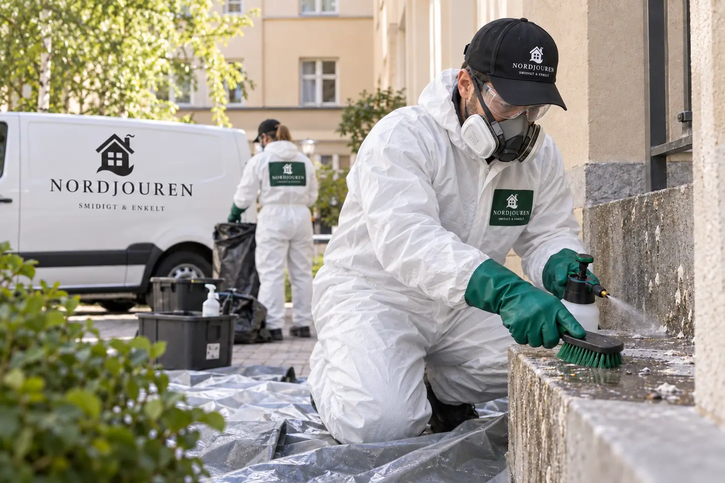 Duvsanering med Nordjourens märkta arbetskläder och servicebil
