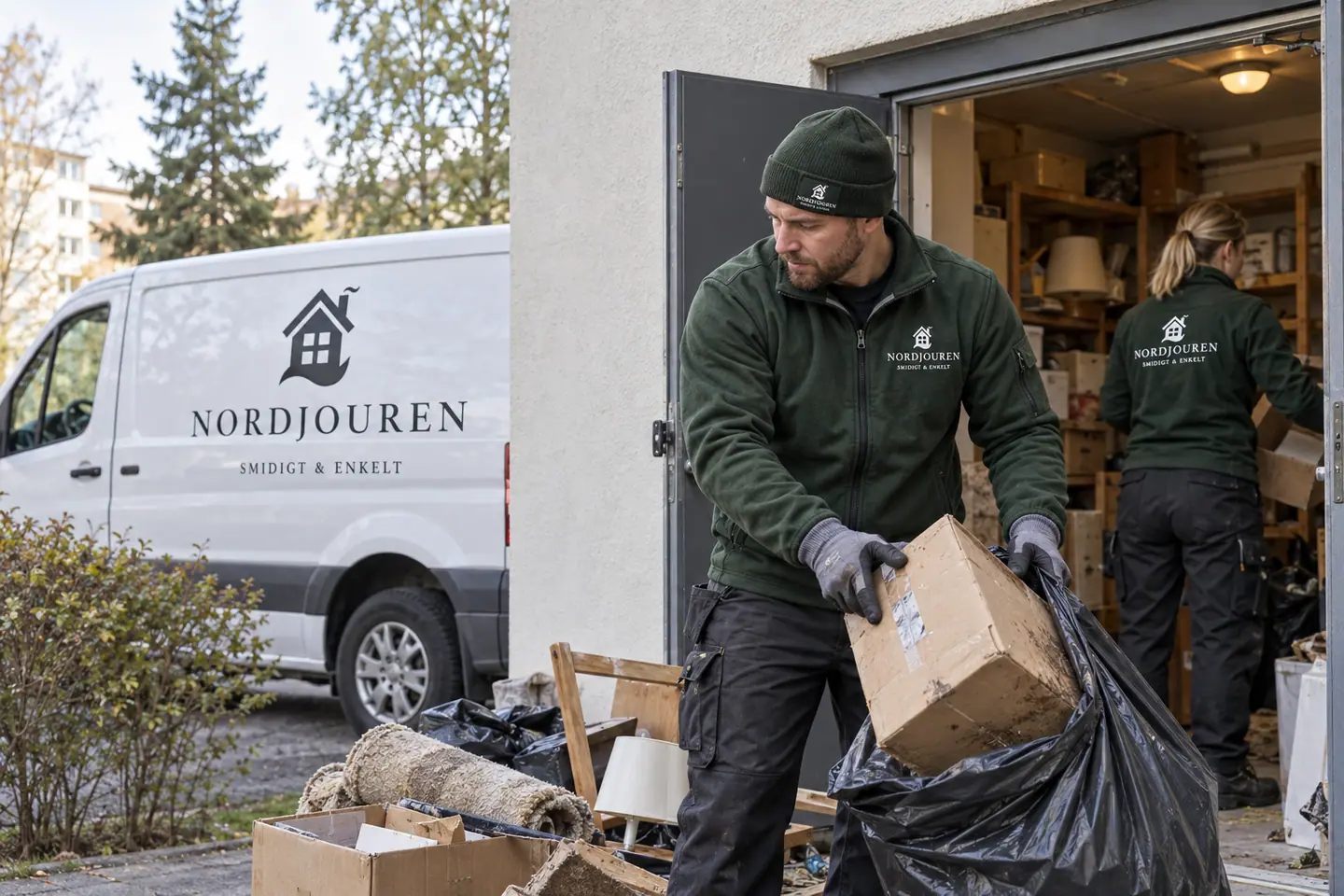 Extrem nedskräpning med Nordjourens märkta arbetskläder och servicebil – illustration