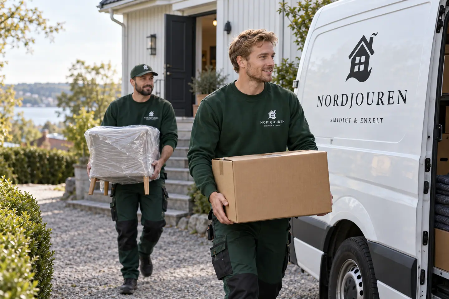 Flyttfirma med Nordjourens märkta arbetskläder och servicebil – illustration