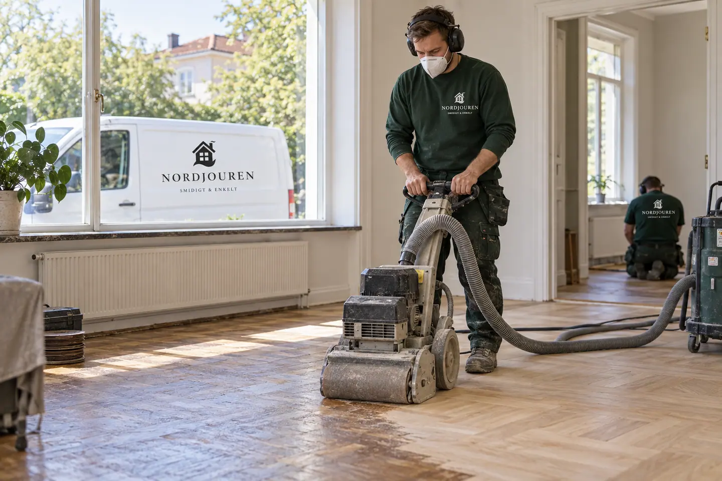 Golvslipning med Nordjourens märkta arbetskläder och servicebil