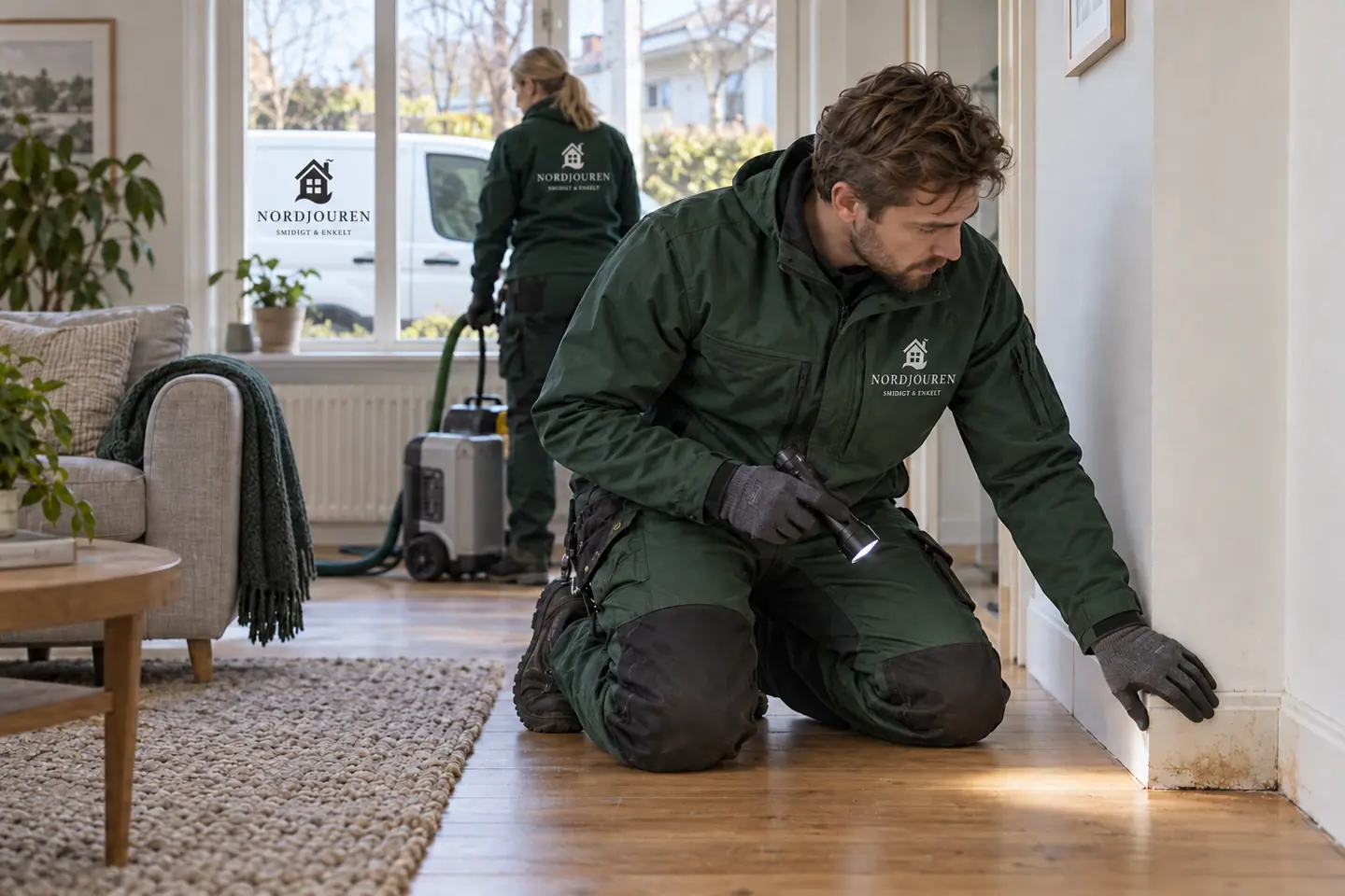 Kattsanering med Nordjourens märkta arbetskläder och servicebil – illustration