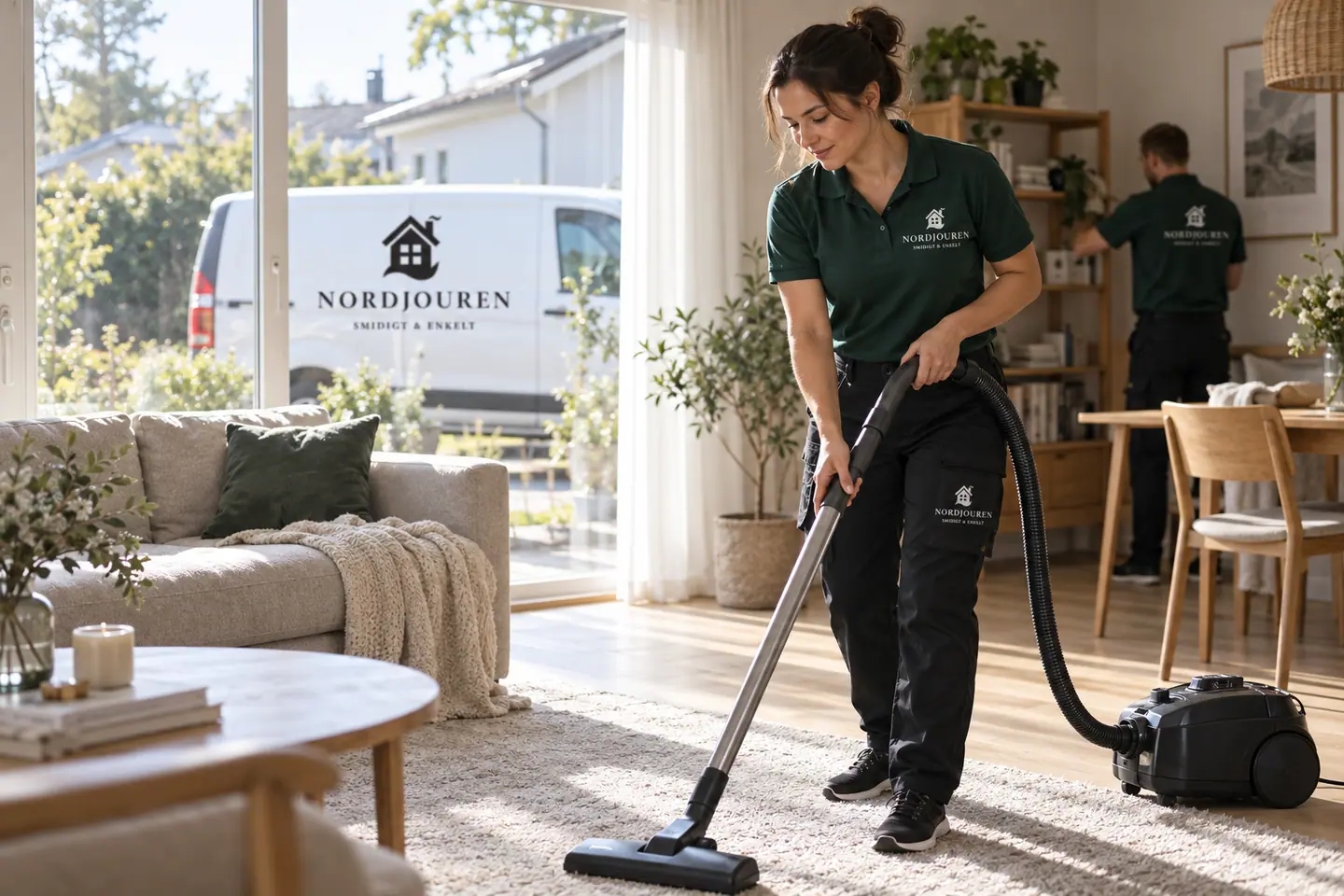 Veckostädning med Nordjourens märkta arbetskläder och servicebil