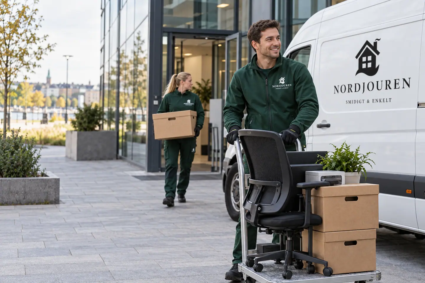 Kontorsflytt med Nordjourens märkta arbetskläder och servicebil
