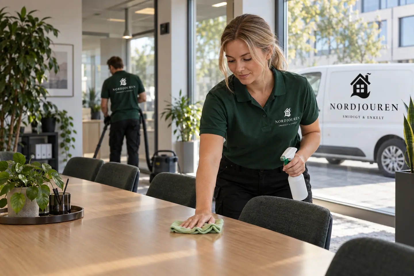 Kontorsstädning med Nordjourens märkta arbetskläder och servicebil