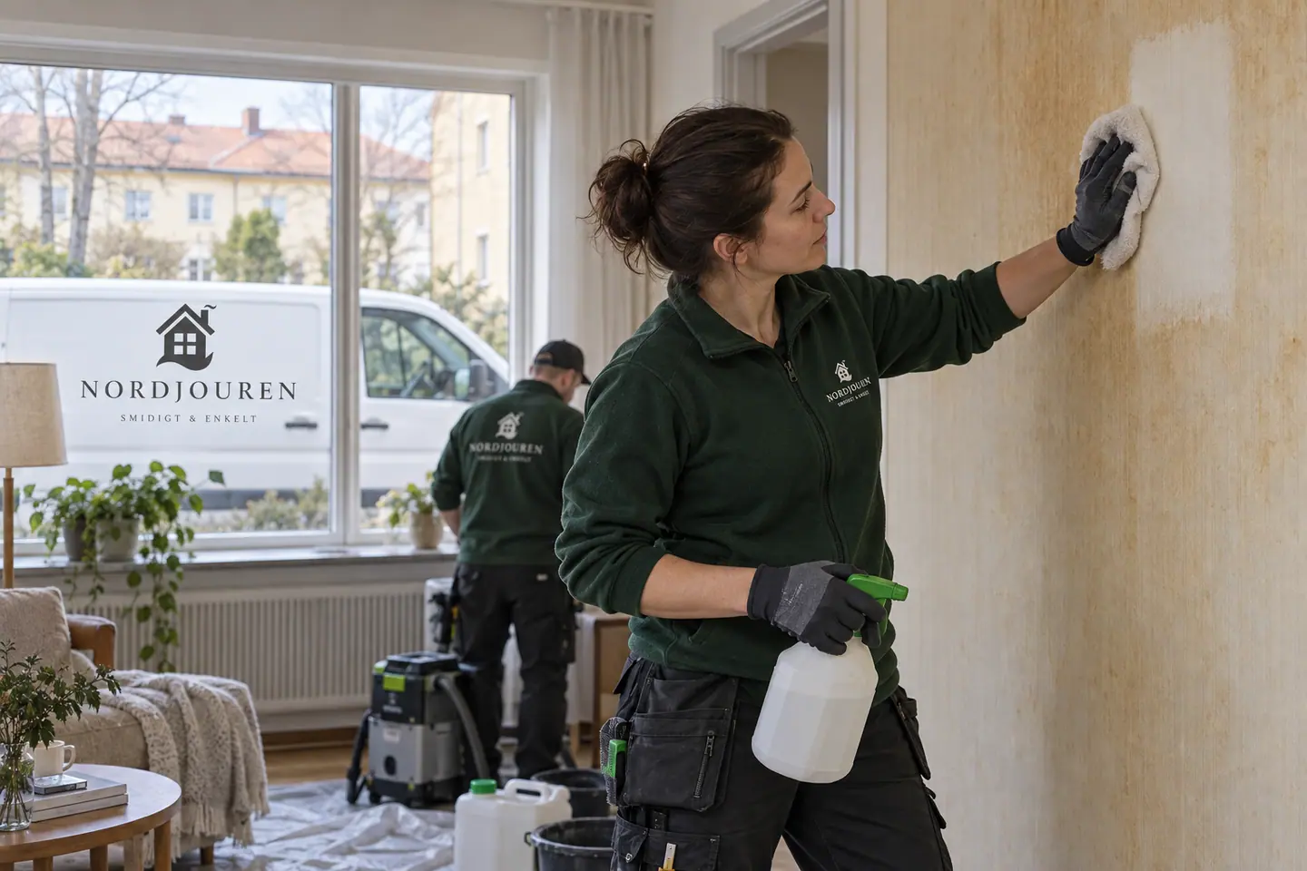 Nikotinsanering med Nordjourens märkta arbetskläder och servicebil – illustration