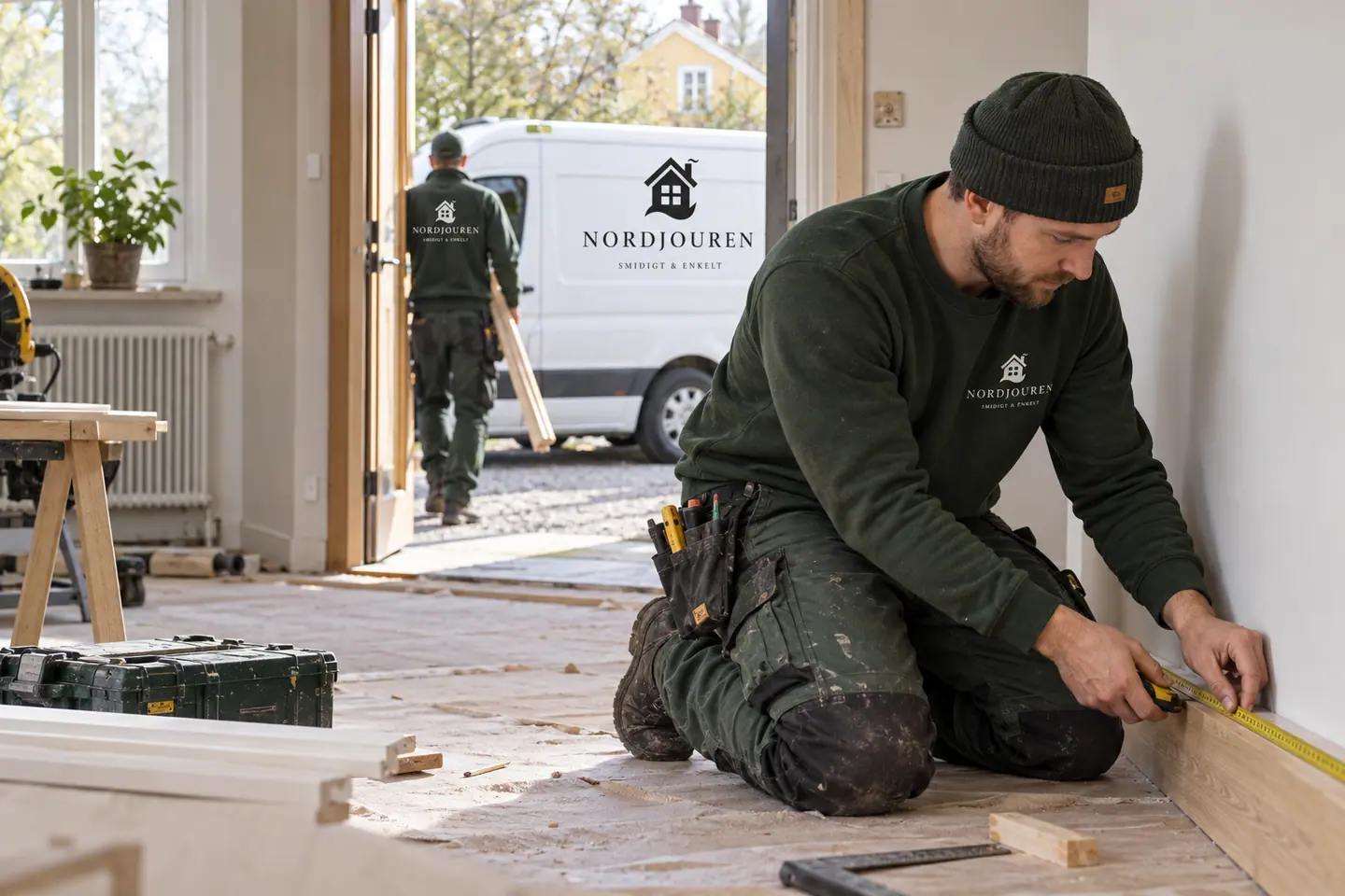 Renovering med Nordjourens märkta arbetskläder och servicebil