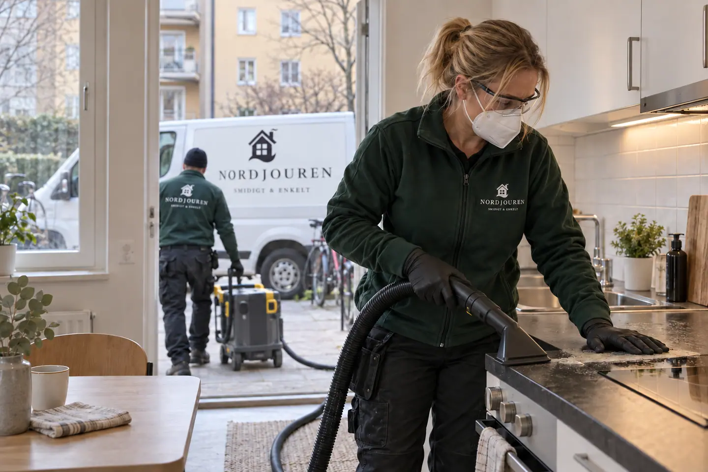Sanering av lägenhet med Nordjourens märkta arbetskläder och servicebil – illustration