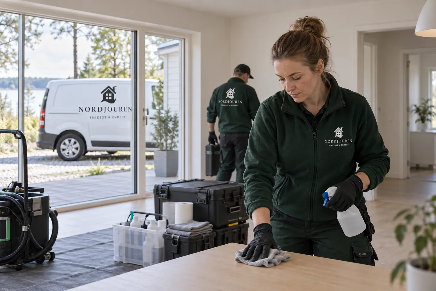 Sanering efter dödsfall med Nordjourens märkta arbetskläder och servicebil