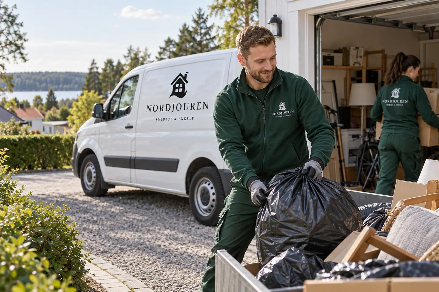 Skräphämtning med Nordjourens märkta arbetskläder och servicebil
