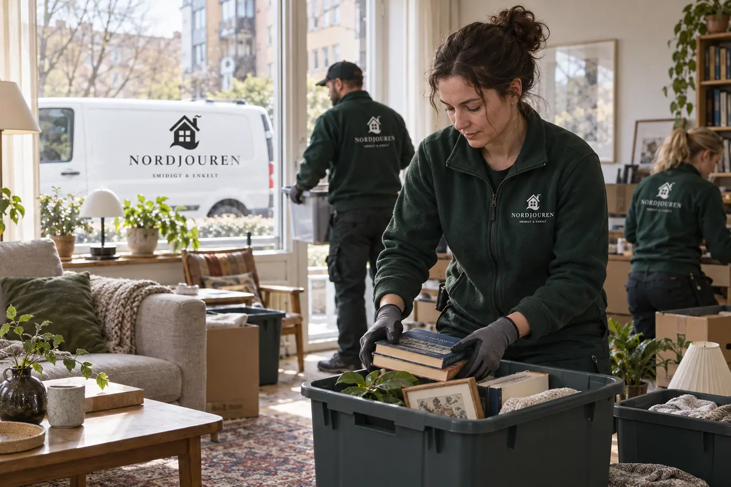 Socialsanering med Nordjourens märkta arbetskläder och servicebil – illustration