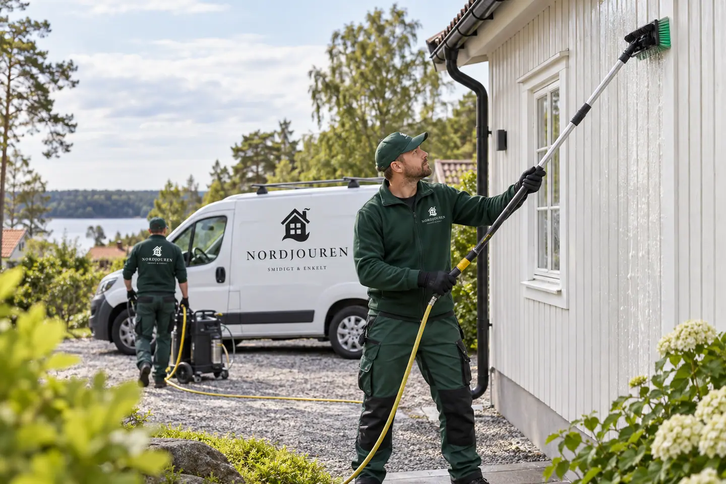 Tak- och fasadtvätt med Nordjourens märkta arbetskläder och servicebil
