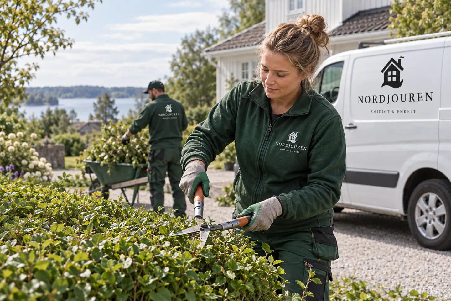 Trädgårdsbeskärning med Nordjourens märkta arbetskläder och servicebil